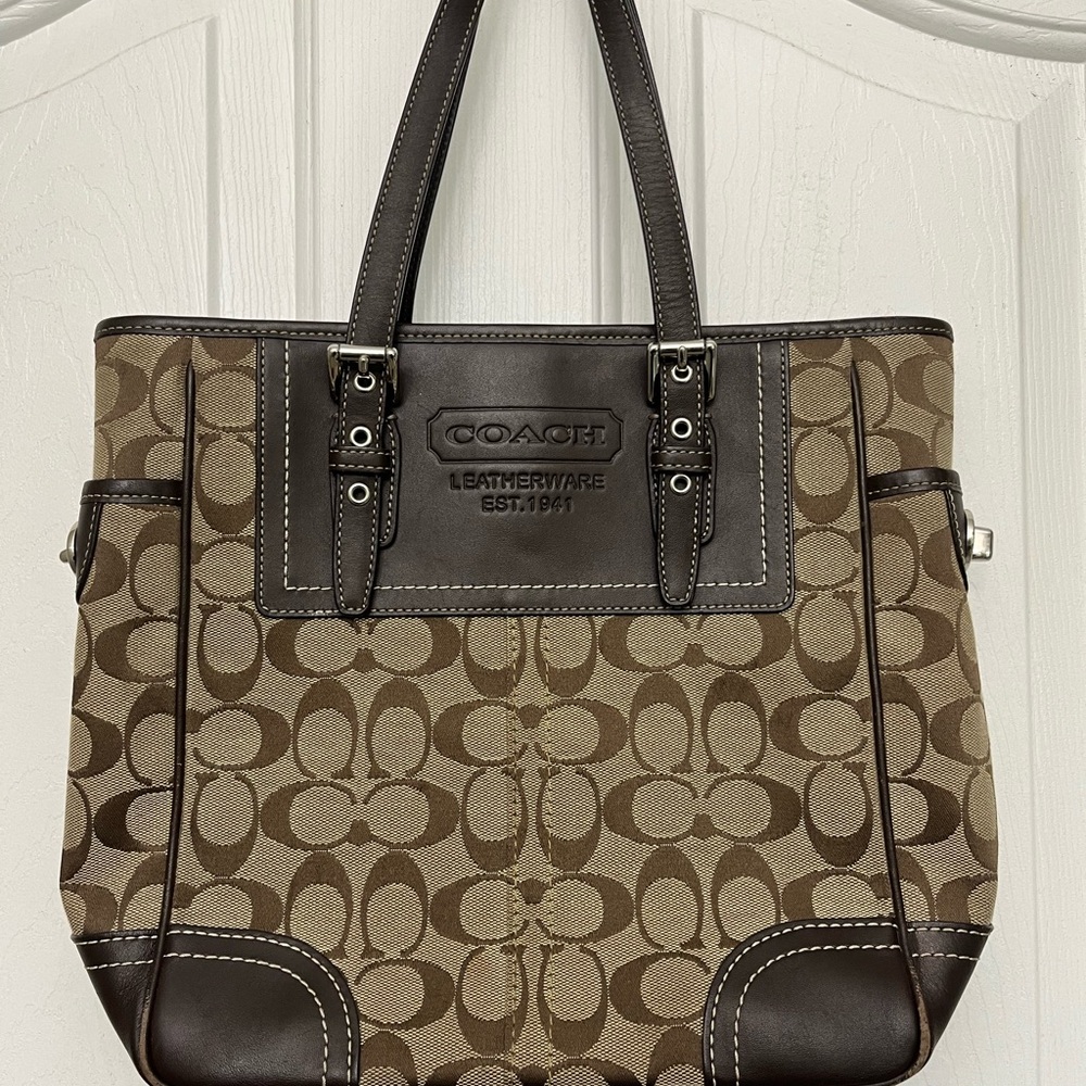 Vintage Coach Signature Tote | Brown Leather Trim | Classic Monogram Carryall